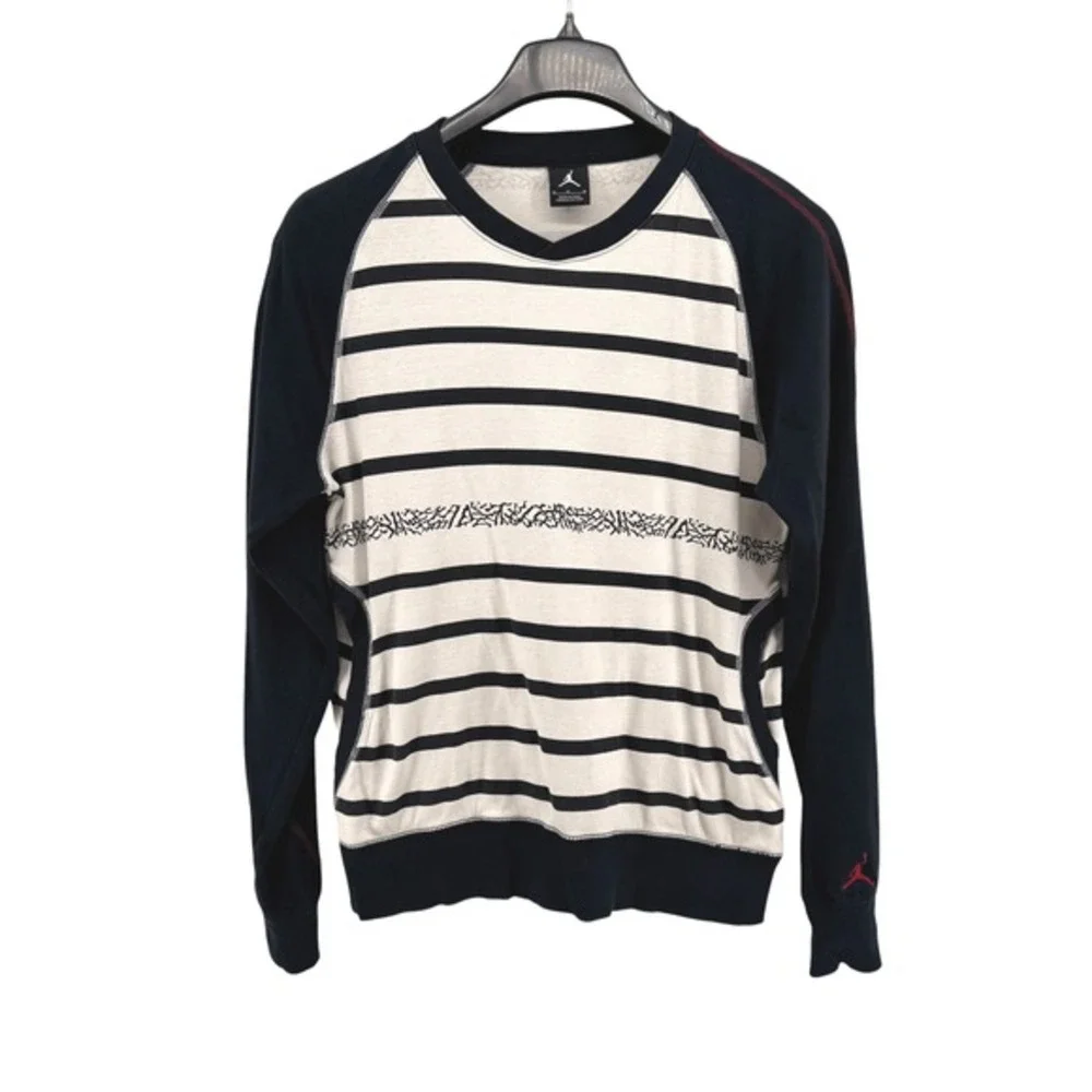 Nike Jordan Pullover Shirt Mens Medium Black White Striped Raglan V-Neck Pockets